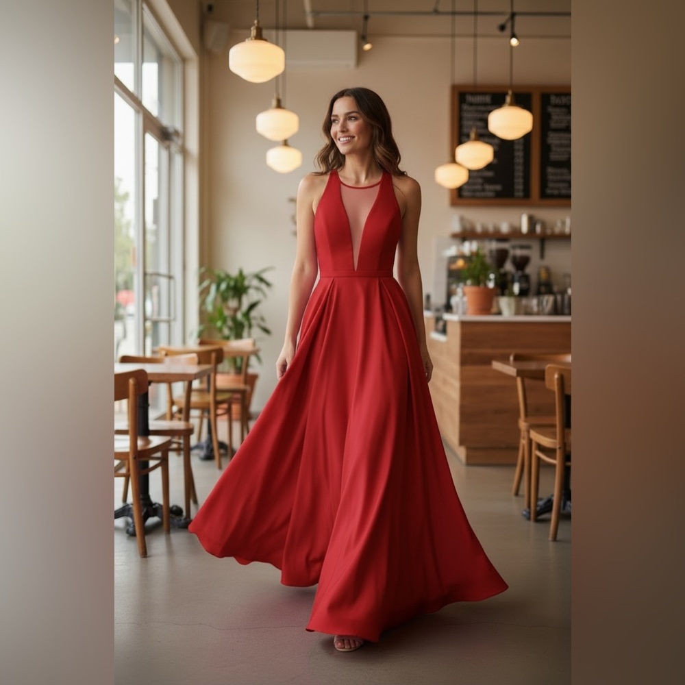 Sherri Hill Red Halter Plunge Maxi Gown